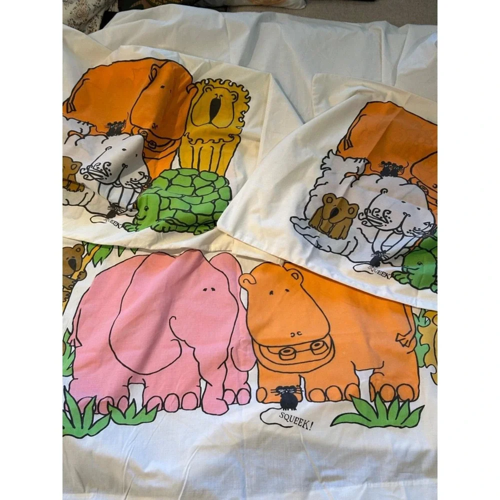 Vtg STEVENS UTICA Jungle Animal Sheet Set ( Queen‎ Flat/2 King pillow) - EUC
